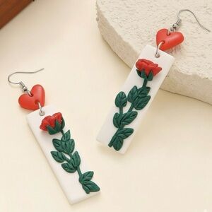 Rose Heart Dangle - Handmade Clay Earrings - Valentine’s Day